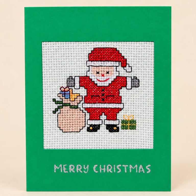 Handmade Cross Stitch Santa & Present Sack Christmas Card – 6 x 4 Inch