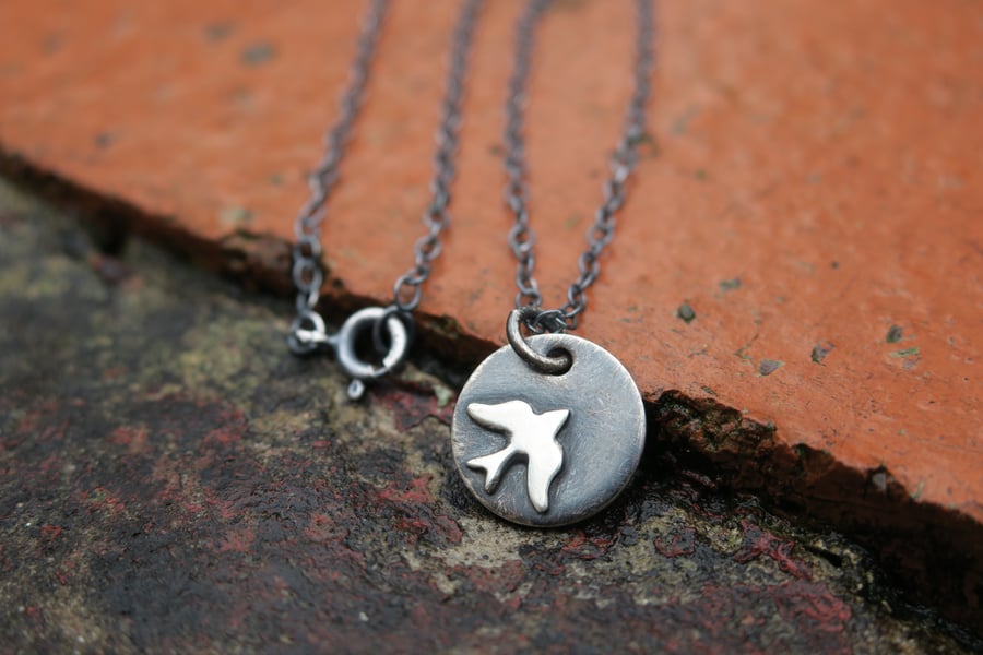 Silver Circle Necklace, Bird Pendant Necklace, Handmade in Scotland