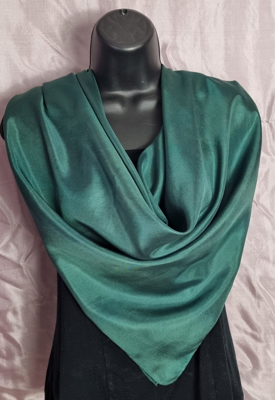 Pure Silk Large Square Scarf in Deep Green with a touch of Blue