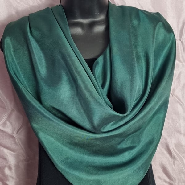Pure Silk Large Square Scarf in Deep Green with a touch of Blue
