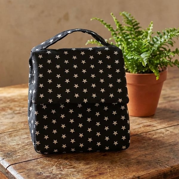Stars Themed Handmade Insulated Lunch bag in Black and White