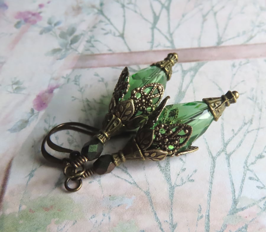 Peridot Crystal Teardrop Dangle Earrings, Antique Vintage Style Earrings