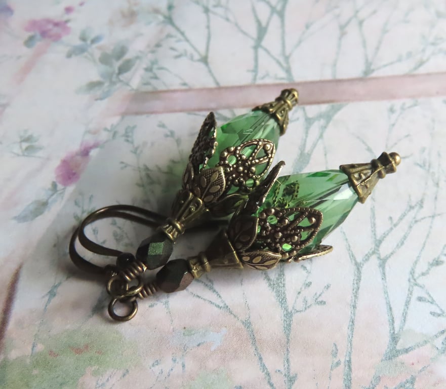Peridot Crystal Teardrop Dangle Earrings, Antique Vintage Style Earrings