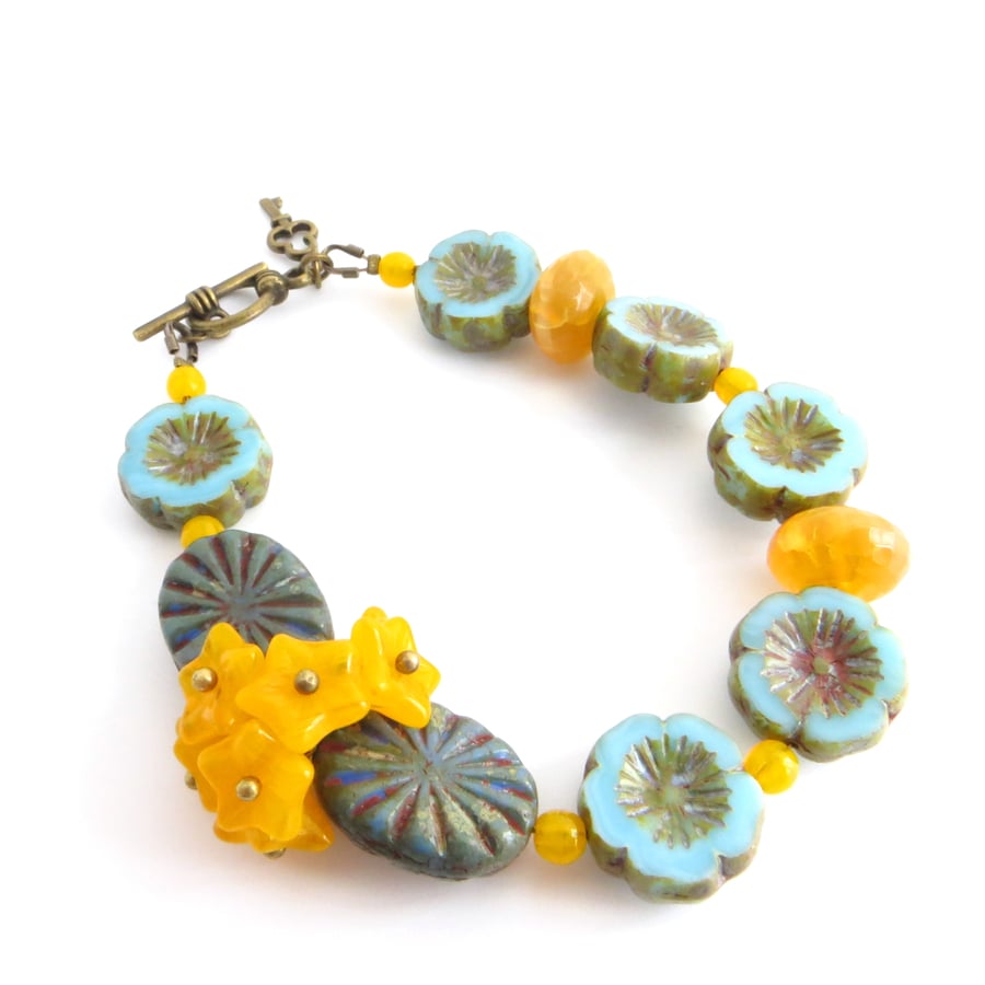 SALE! Turquoise and Orange Flower Bracelet, Bright Summer Bracelet