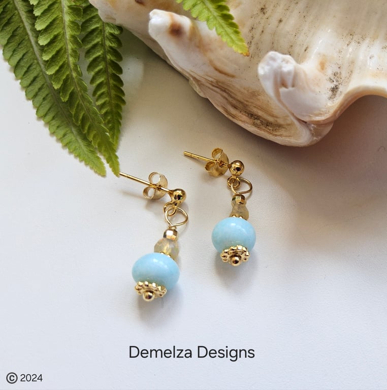 Designer Blue Opal & Ethiopian Wello Opal Gold Vermeil Stud Earrings 