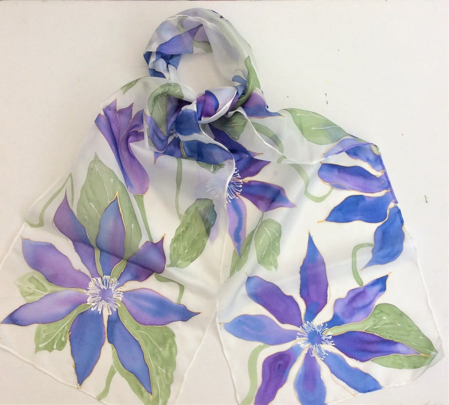 Blue Clematis hand painted silk scarf