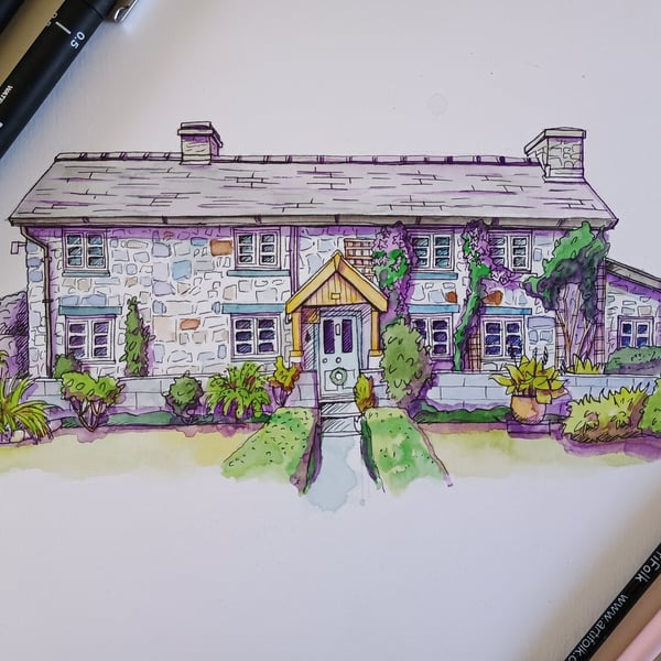 Custom watercolour & ink Special building, House, Wedding Venue etc Artwork A4