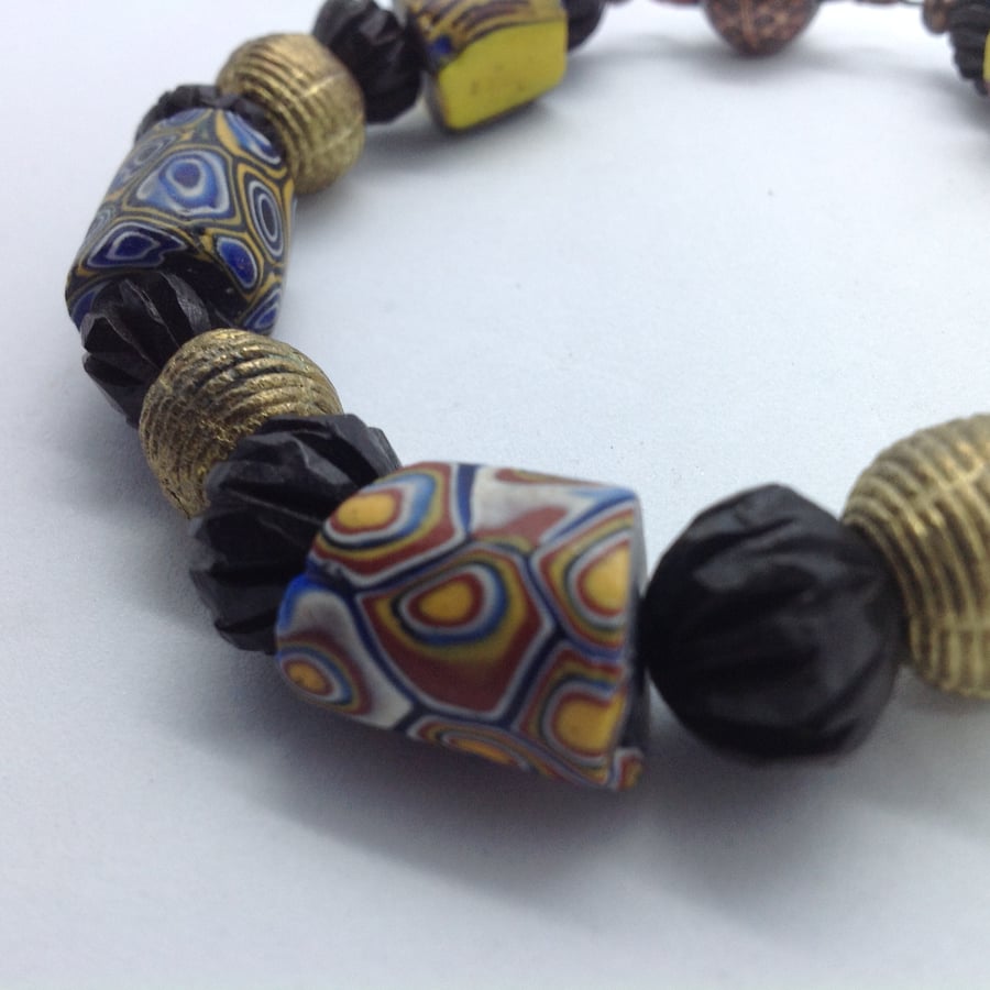 Man's bracelet with 5 rare old African trade beads, brass and ebony beads