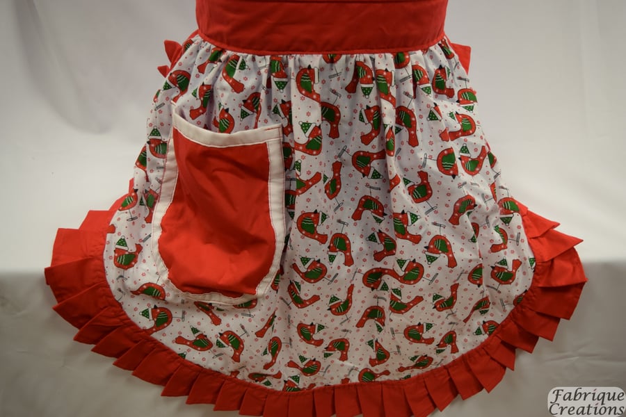 Retro Vintage 50s Style Half Apron Pinny - Christmas Robins on White with Red
