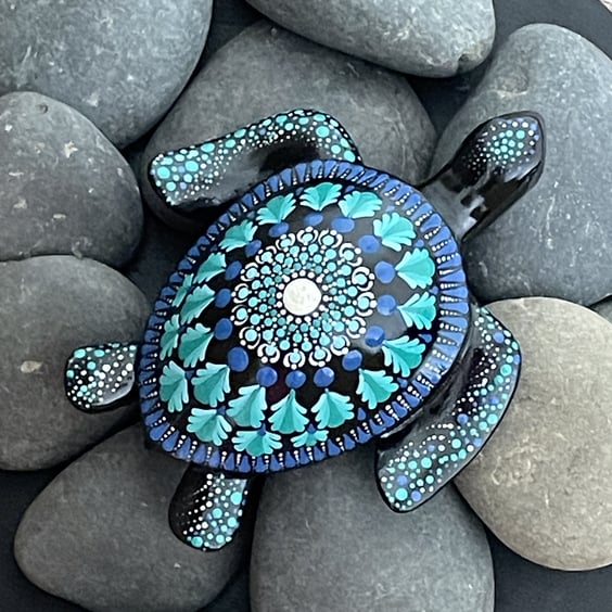 Blue Turtle Mandala Rock Art Stone Acrylic Art Painting Hand Painted Unique