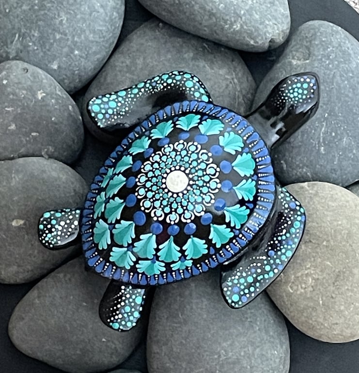 Blue Turtle Mandala Rock Art Stone Acrylic Art Painting Hand Painted Unique