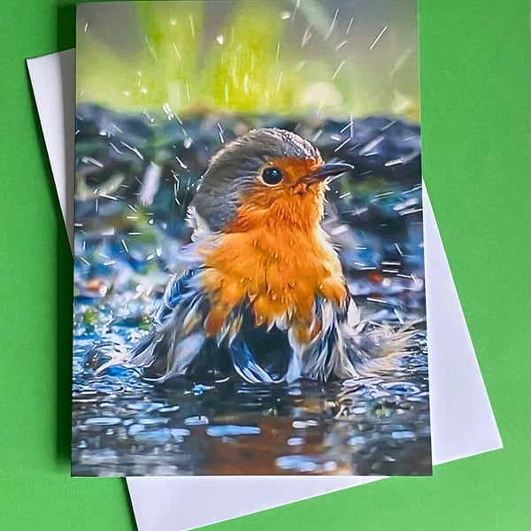 Robin Splashing Around - Photographic Print Greetings Card