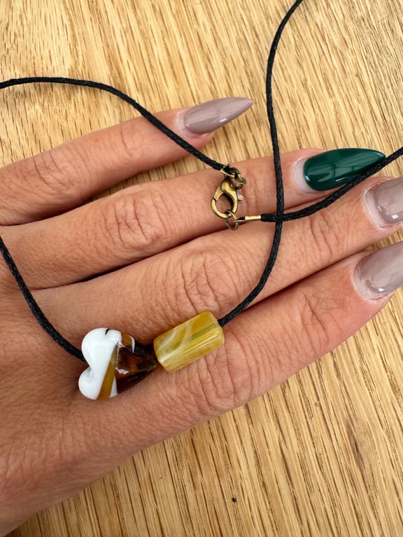 Handmade Glass Heart Necklace – Brown & White Swirl, Minimalist Cord Pendant