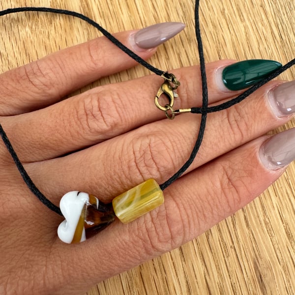 Handmade Glass Heart Necklace – Brown & White Swirl, Minimalist Cord Pendant