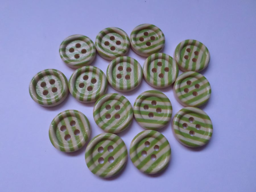 15 x 4-Hole Printed Wooden Buttons - Round - 15mm - Stripes - Green 
