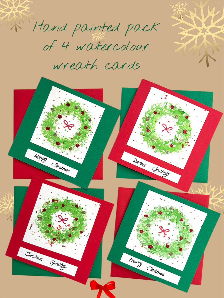 Packs of 4 watercolour Christmas cards of Holly wreaths with glittery baubles
