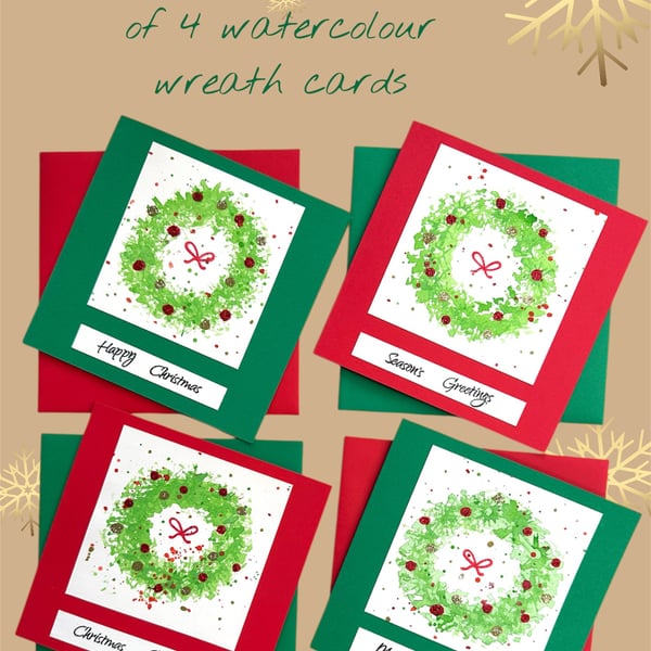 Packs of 4 watercolour Christmas cards of Holly wreaths with glittery baubles