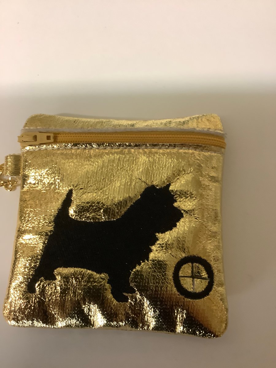 Attractive Cairn Terrier Embroidered on Gold metallic  dog poo bag dispenser,