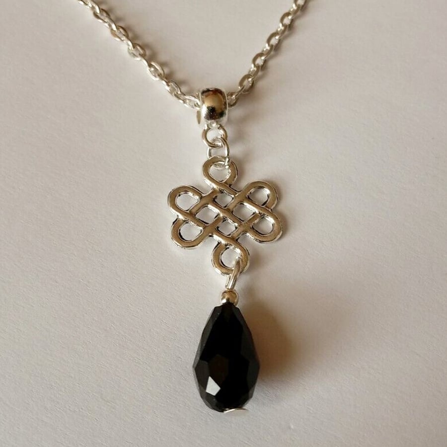 Celtic Knot Black Crystal Silver Plate Teardrop Necklace