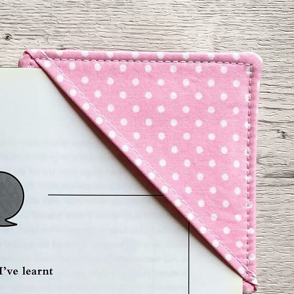 Corner bookmark. Polka dot pink and white. Cotton fabric. Book lovers gift.