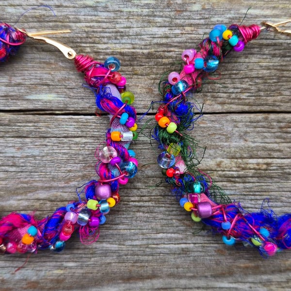 Fabric, Wire and Bead Wrapped Earrings 