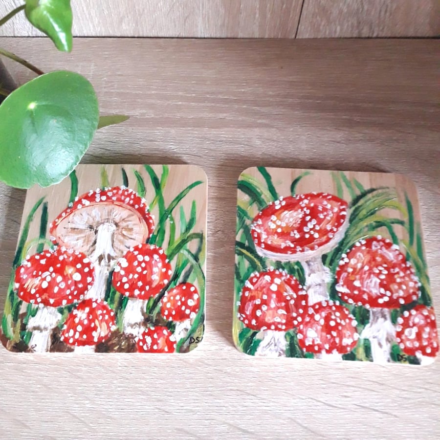 Wooden coasters set of two, handpainted with Fly Agaric Fungi