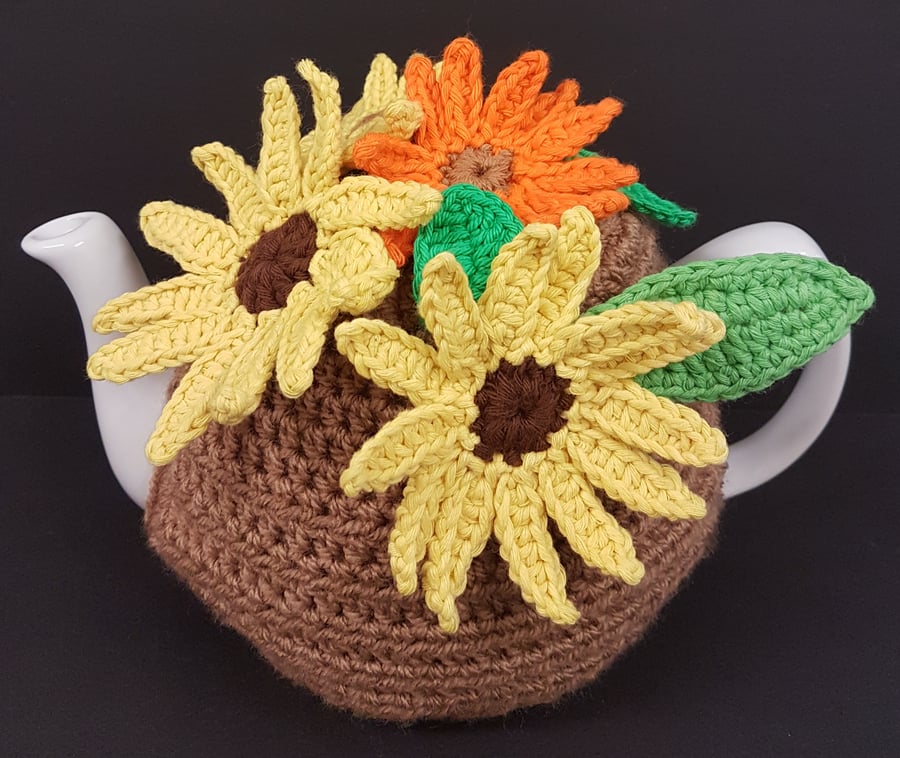 Crochet sunflower tea cosy