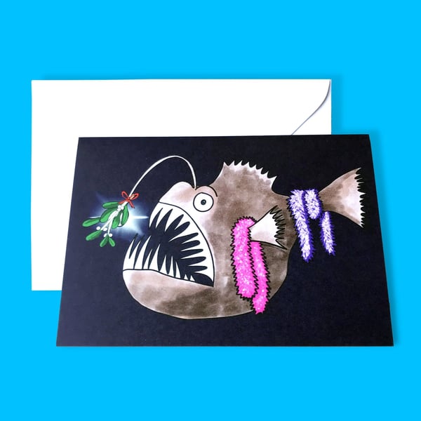 Anglerfish Mistletoe and Christmas Tinsel Illustration A6 card