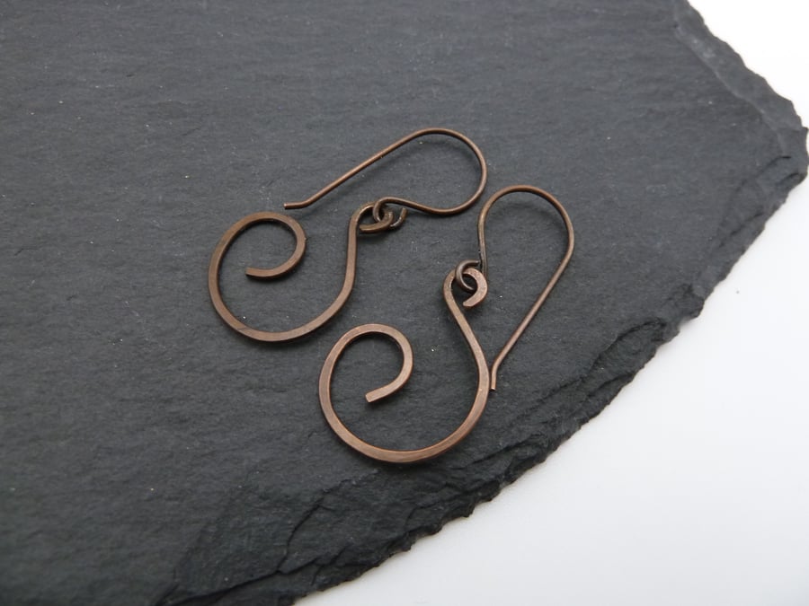 copper swirl earrings, dangly jewellery