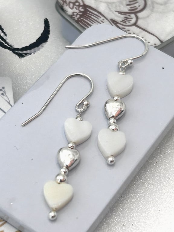 Mother of Pearl and sterling silver Heart dropper earrings