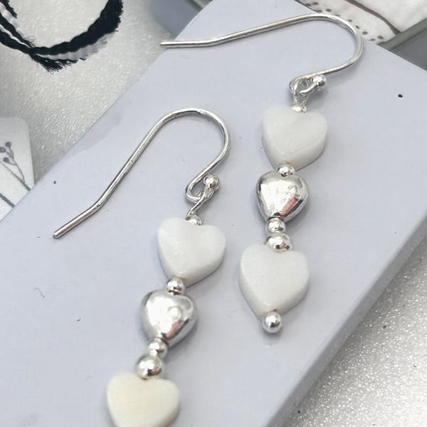 Mother of Pearl and sterling silver Heart dropper earrings