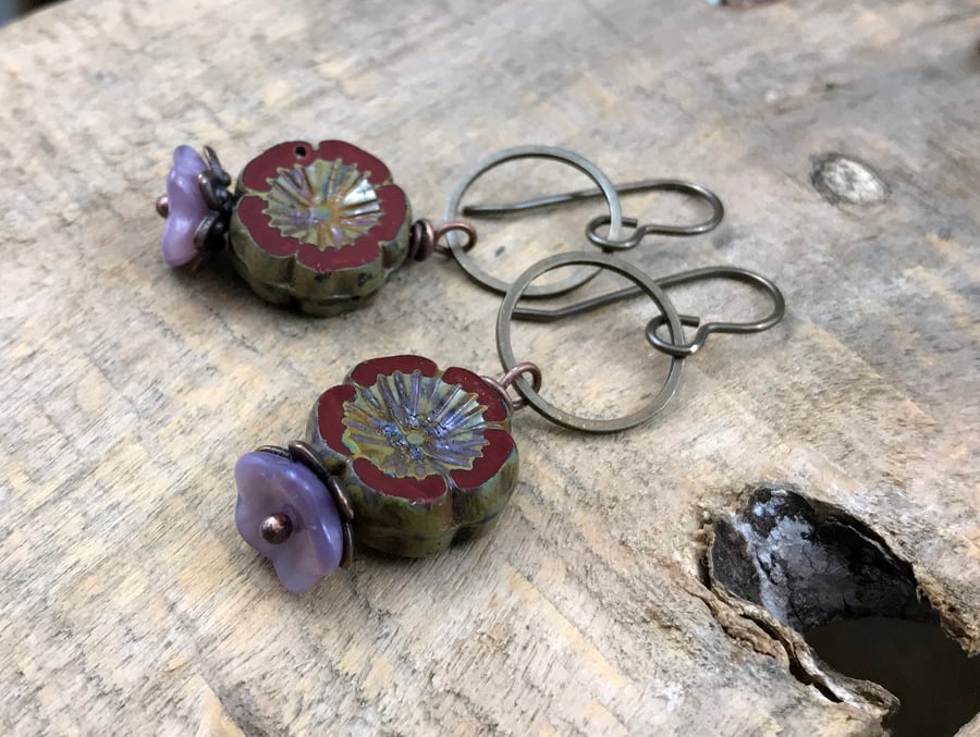 Maroon & Purple Floral Earrings. Burgundy Czech Glass Flower Earrings