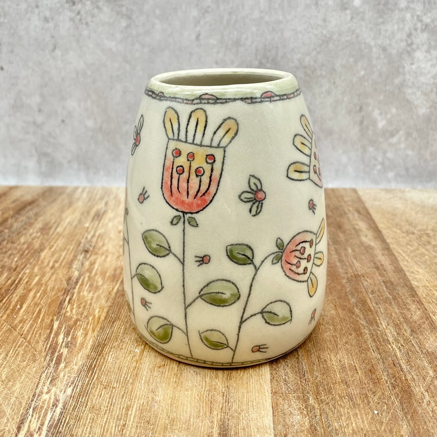 Flower Bud Vase Pretty Whimsical Flowers & Leaves - Handmade Pottery V04