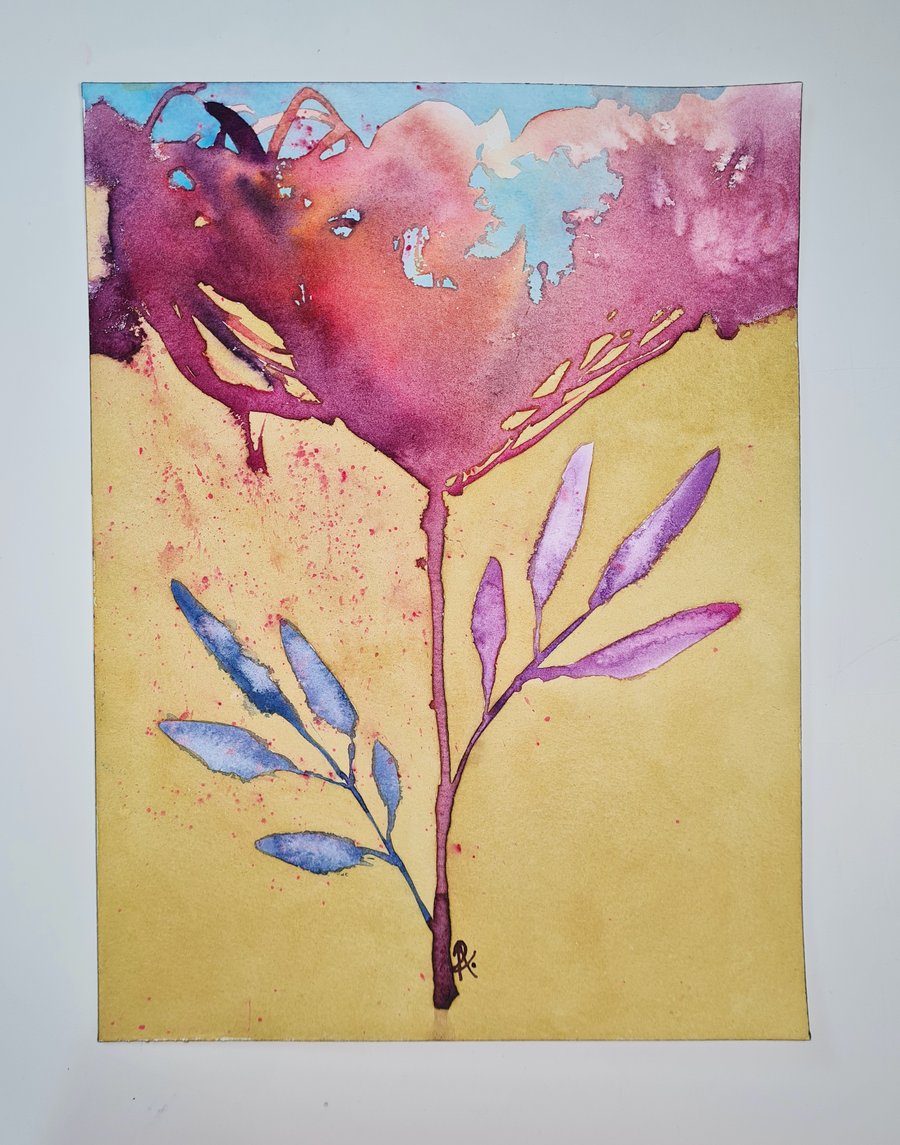 Original Watercolour Painting, Semi-Abstract Red Flower Artwork, Unique Wall Art