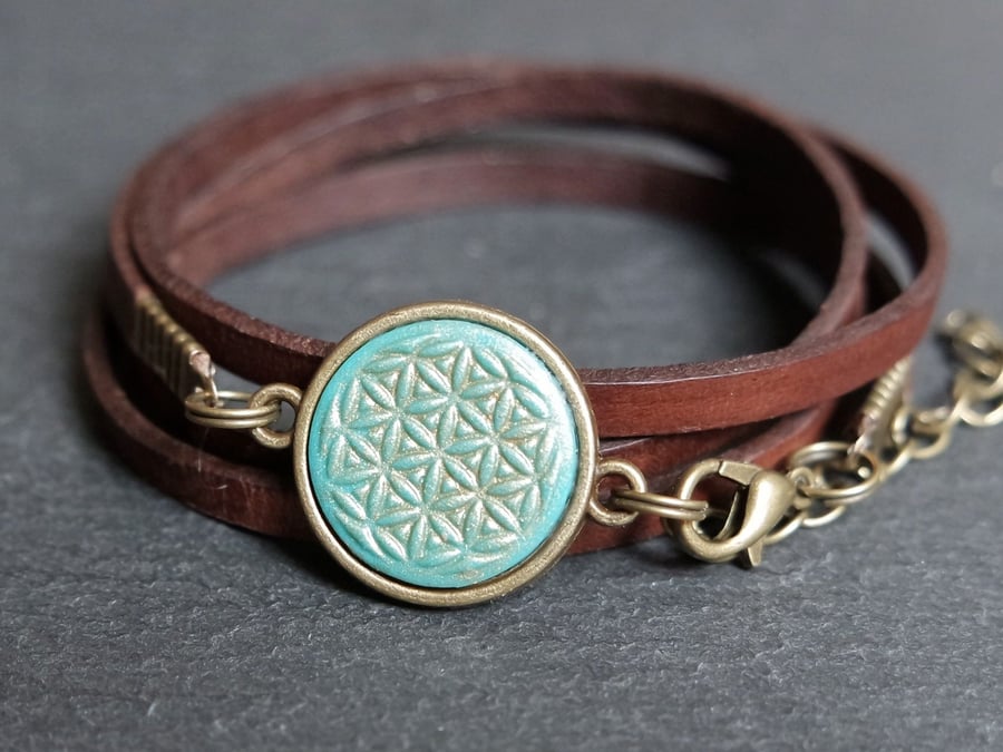 Leather bracelet - flower of life mandala turquoise bronze brown