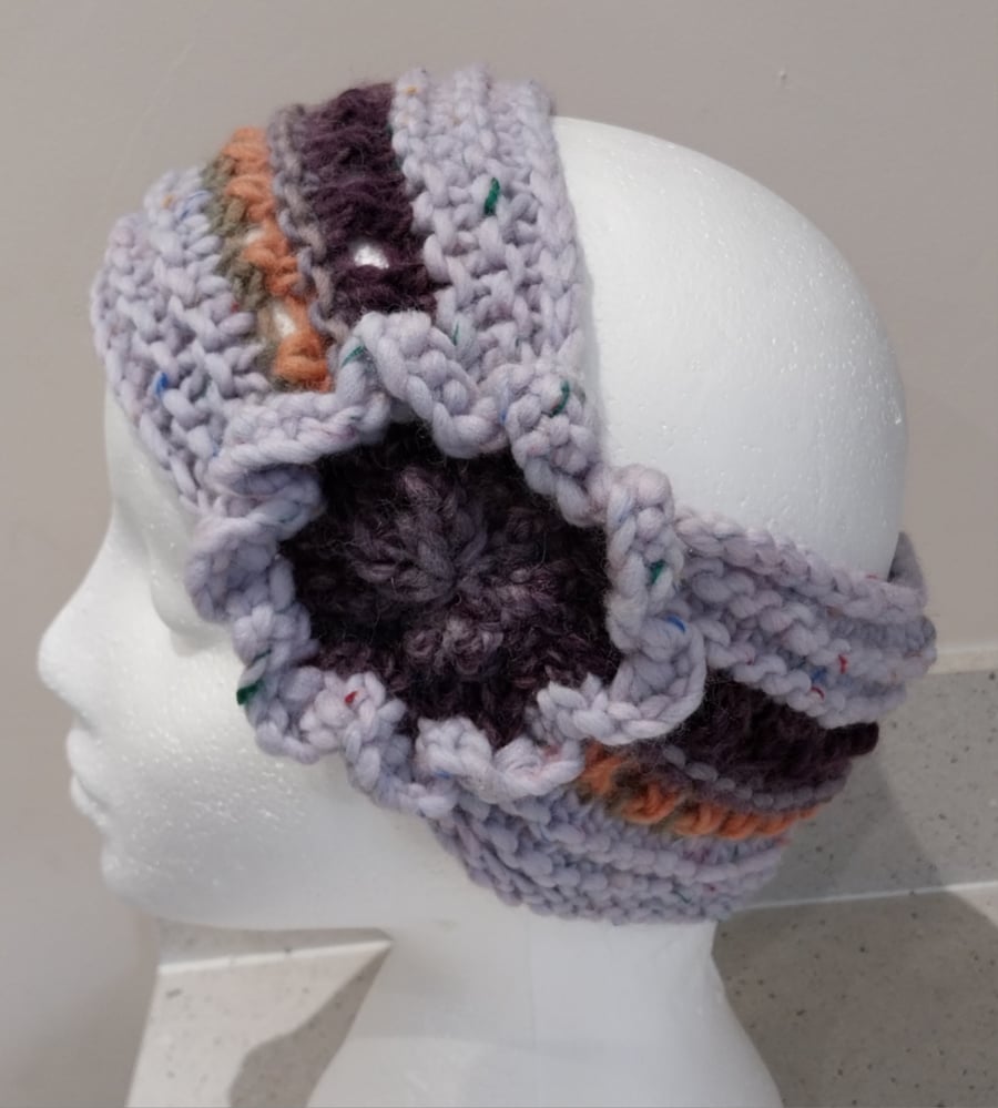 Hand Knitted Merino Headband Lacy Eyelet in Lilac Snow