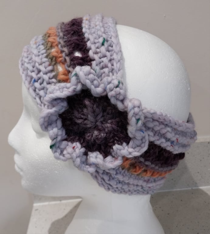 Hand Knitted Merino Headband Lacy Eyelet in Lilac Snow