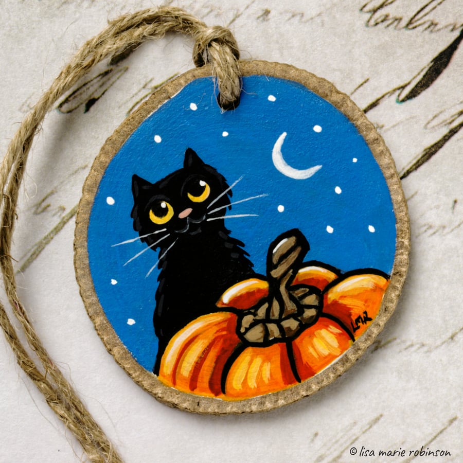 Black Cat and Pumpkin Night Time Halloween Wood Slice Rustic Hanging Decoration