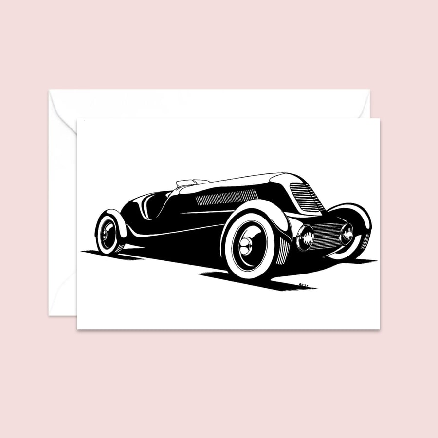 Vintage Car Greetings Card: Pen and Ink Illustration (414)