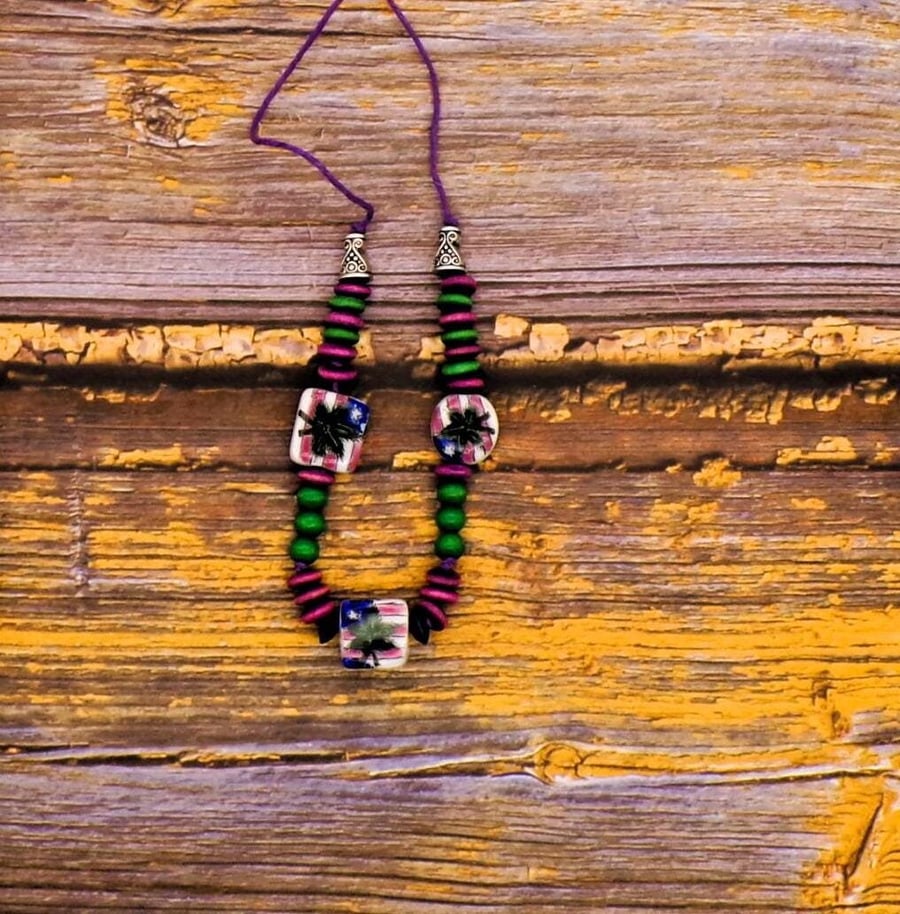 Boho Beaded Necklace Purple Hemp, Hand-Painted Ceramic Beads