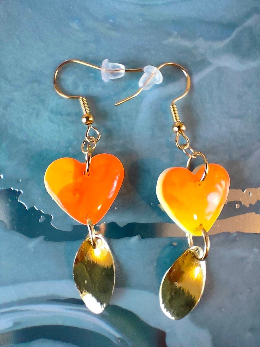 Beautiful Flame Coloured Polymer Clay Heart Earrings