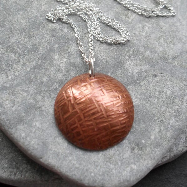 Vintage Style Copper Domed Disc Pendant With Sterling Silver Chain 
