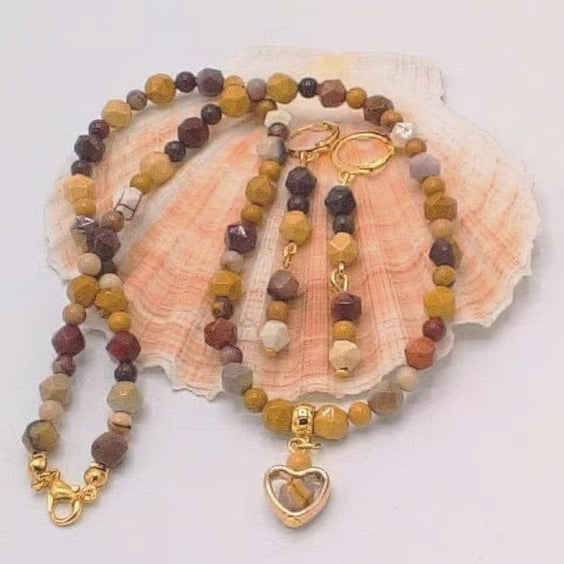 Mookaite Bead Necklace with Gold Plated Heart Pendant and Earrings, Gift for Her