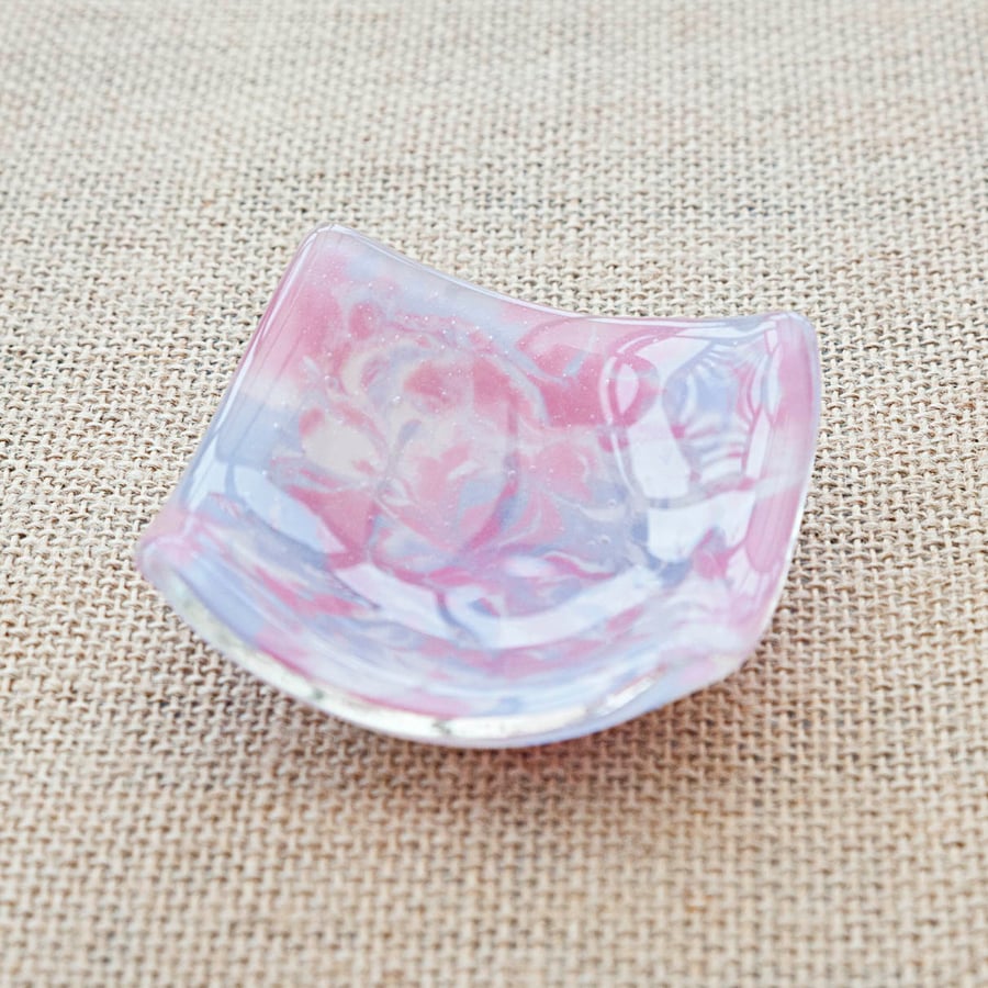 Cute Pink and Lilac Marbled Fused Glass Trinket Ring Candle Dish
