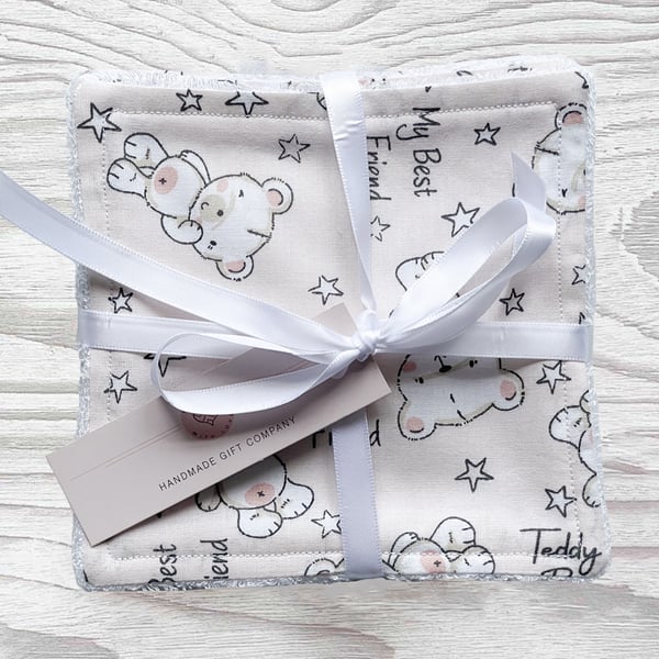 Reusable Baby Wipes, Face Cloths, Washable Wipes, Eco Friendly, Teddies-BD146