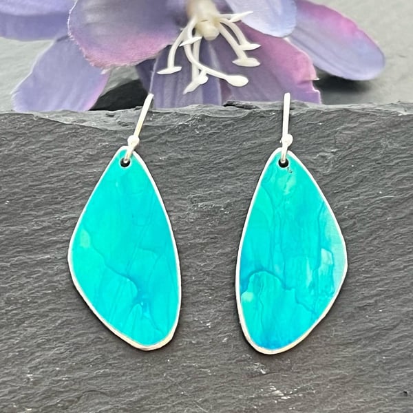Printed Aluminium and sterling silver earrings - Teal  
