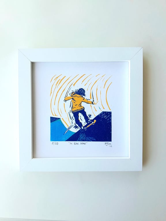 Handprinted Linocut Skater Print Skateboarding Kickjump Linoprint Gift