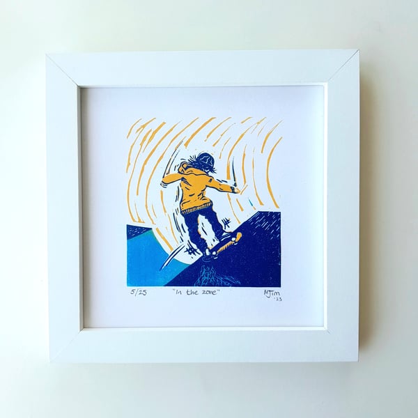 Handprinted Linocut Skater Print Skateboarding Kickjump Linoprint Gift