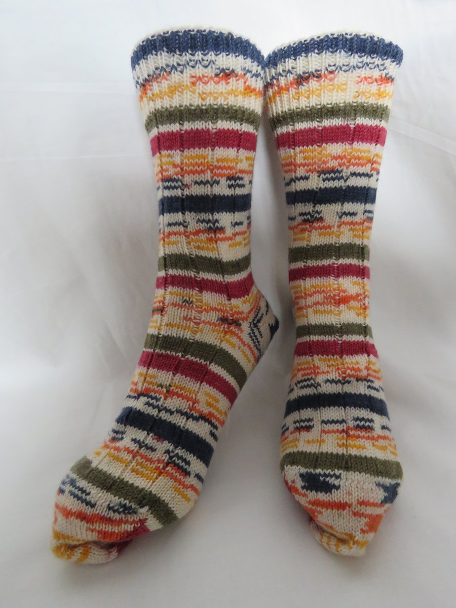 Hand-cranked Knitted Ribbed Wool Socks Size 8 to 9