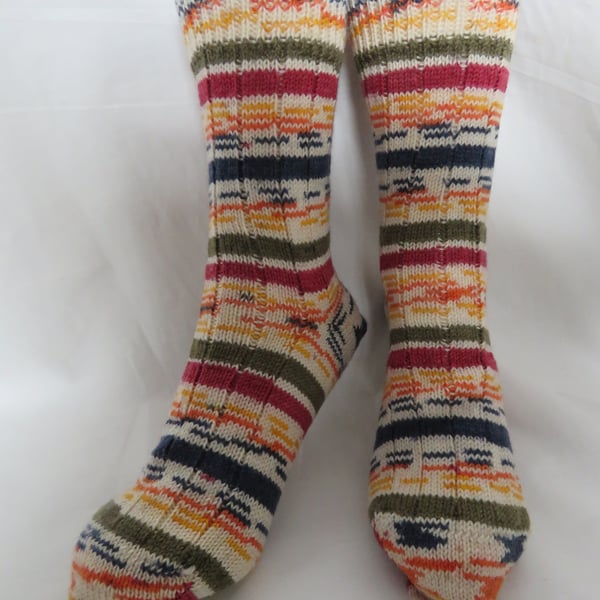 Hand-cranked Knitted Ribbed Wool Socks Size 8 to 9